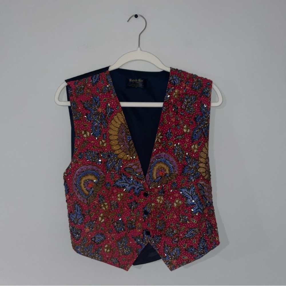 Match-Ups Red Vintage Sequin Vest, Christmas, Holly Kitsch Novelty Size S/M